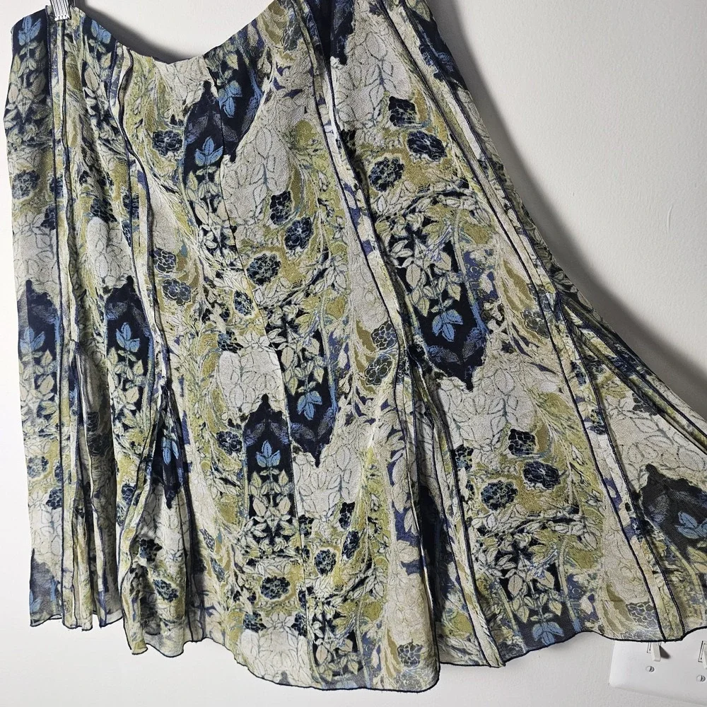 Size‎ 16 Skirt Green Blue Floral Chiffon A-Line Midi Boho Career Forest Fairy ~